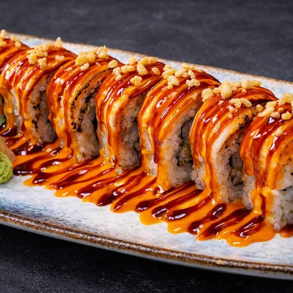 A sushi roll with shrimp, drizzled with orange and dark sauces, topped with crunchy bits.