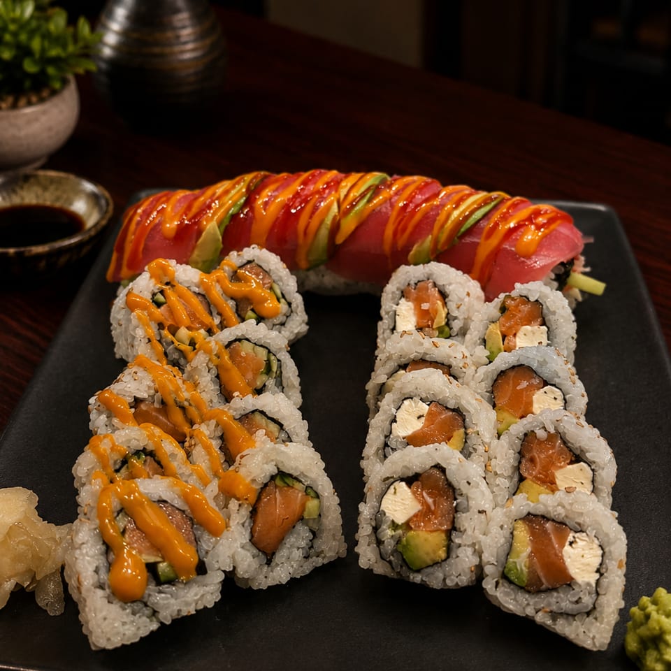 A black platter holds three types of sushi rolls, including a dragon roll with avocado and tuna.