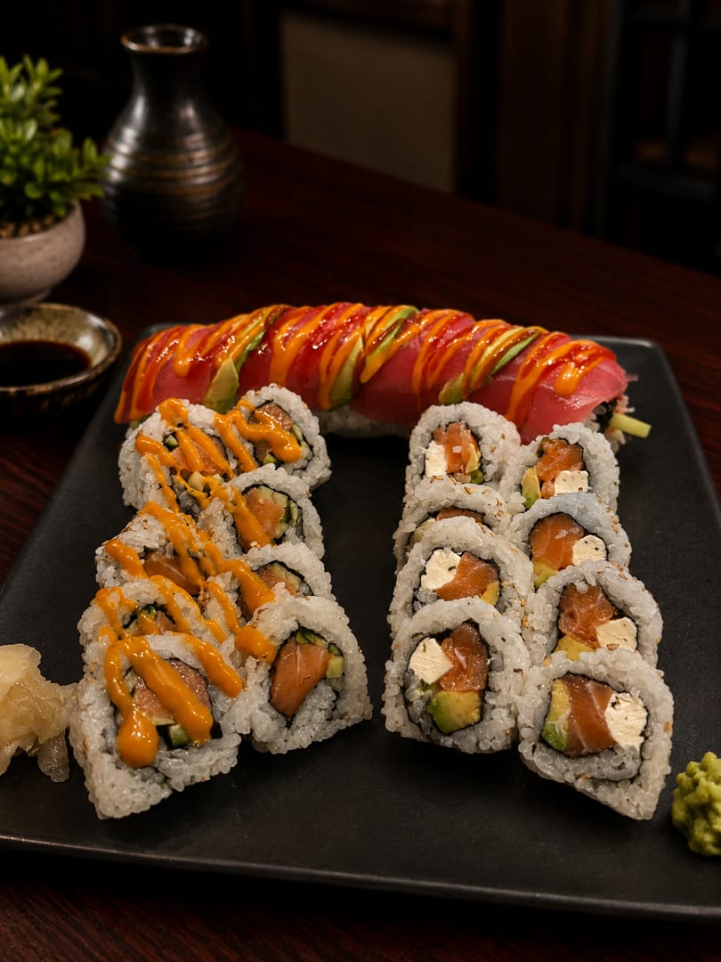A black platter holds three types of sushi rolls, including a dragon roll with avocado and tuna.