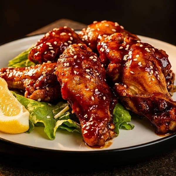 Plate of glazed chicken wings with sesame seeds, lettuce, and a lemon wedge.