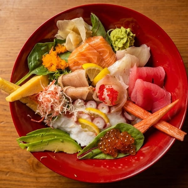 Colorful chirashi bowl with various sashimi, roe, avocado, and crab sticks in a red bowl.