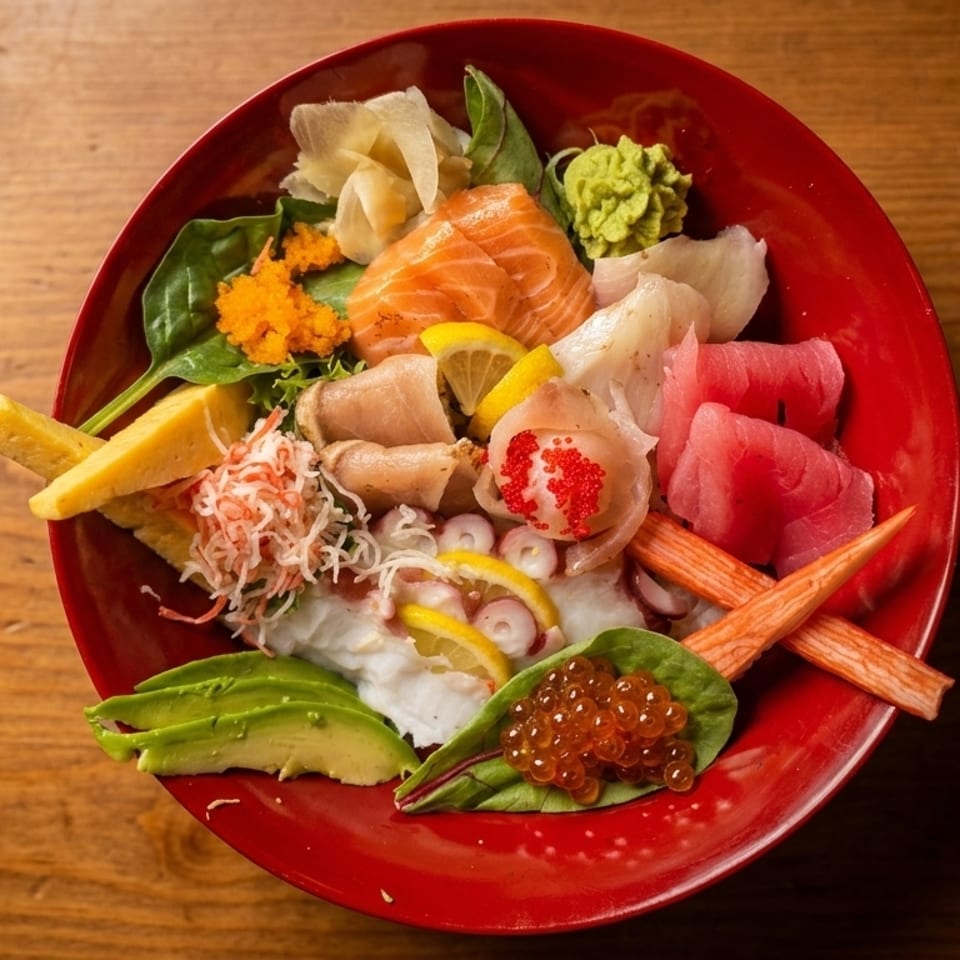 Colorful chirashi bowl with various sashimi, roe, avocado, and crab sticks in a red bowl.