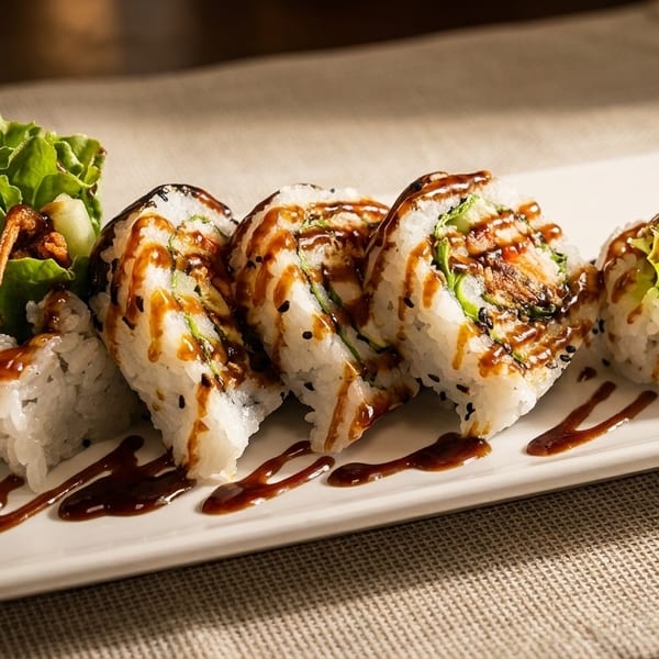 Crispy chicken sushi rolls with lettuce and sauce on a white rectangular plate.