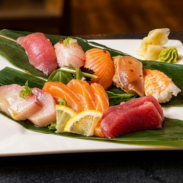 Assorted sashimi and sushi, including tuna, salmon, and shrimp, garnished with lemon and ginger.
