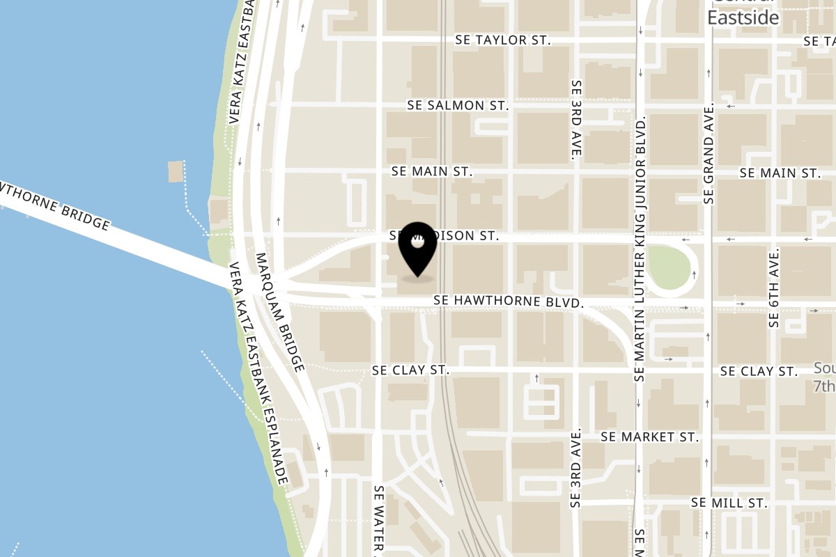 Map showing the location of Amaebi Sushi and Hibachi on 1430 SE Water Ave #102 in Portland